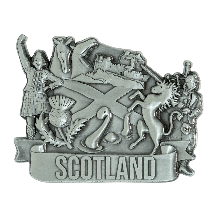 Brushed Metal Scotland Magnet – Puffin, Nessie, Coo, Collage & More - Heritage Of Scotland - Piper Collage