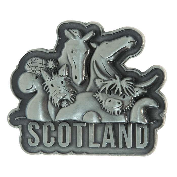 Brushed Metal Scotland Magnet – Puffin, Nessie, Coo, Collage & More - Heritage Of Scotland - Scotland Collage