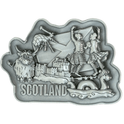 Brushed Metal Scotland Magnet – Puffin, Nessie, Coo, Collage & More - Heritage Of Scotland - Scotland Dancers Collage