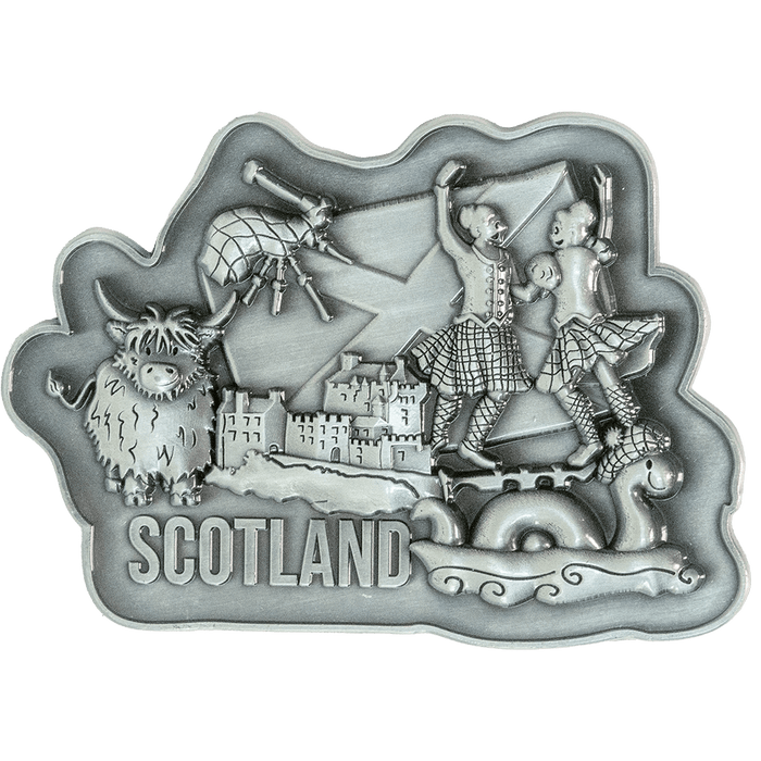Brushed Metal Scotland Magnet – Puffin, Nessie, Coo, Collage & More - Heritage Of Scotland - Scotland Dancers Collage