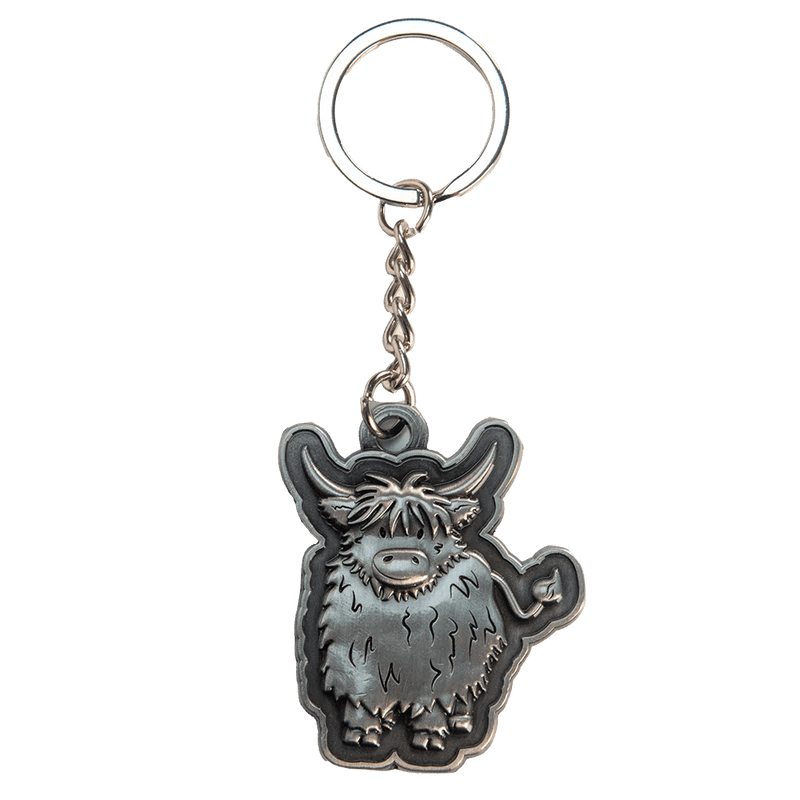 Brushed Metal Scottish Keyring – Nessie, Coo, Collage & More - Heritage Of Scotland - Highland Coo