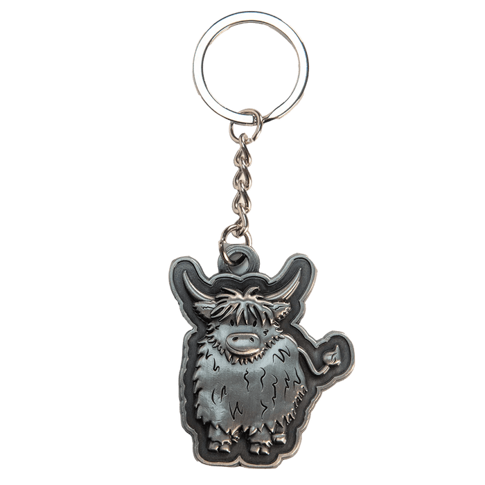 Brushed Metal Scottish Keyring – Nessie, Coo, Collage & More - Heritage Of Scotland - Highland Coo