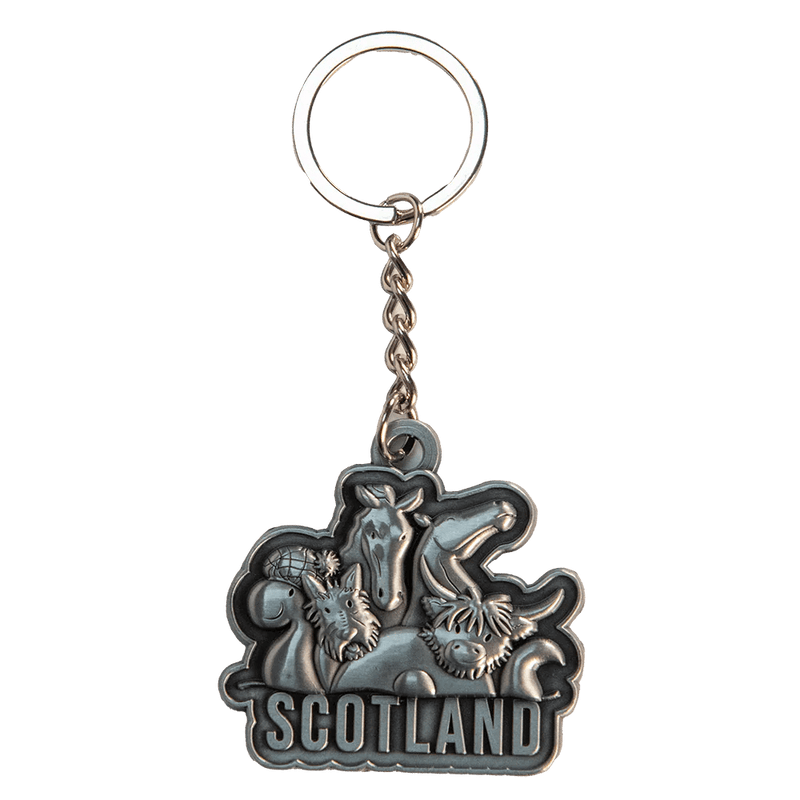 Brushed Metal Scottish Keyring – Nessie, Coo, Collage & More - Heritage Of Scotland - Scotland Collage