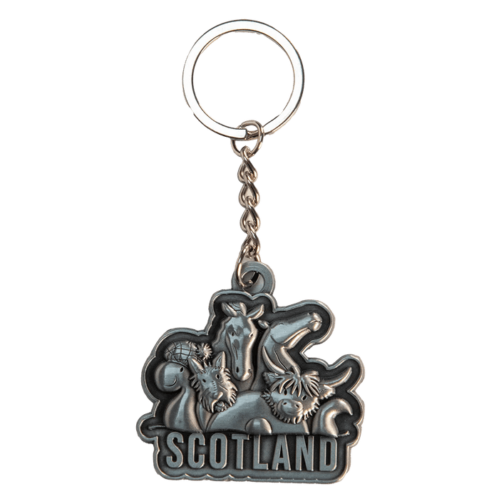 Brushed Metal Scottish Keyring – Nessie, Coo, Collage & More - Heritage Of Scotland - Scotland Collage