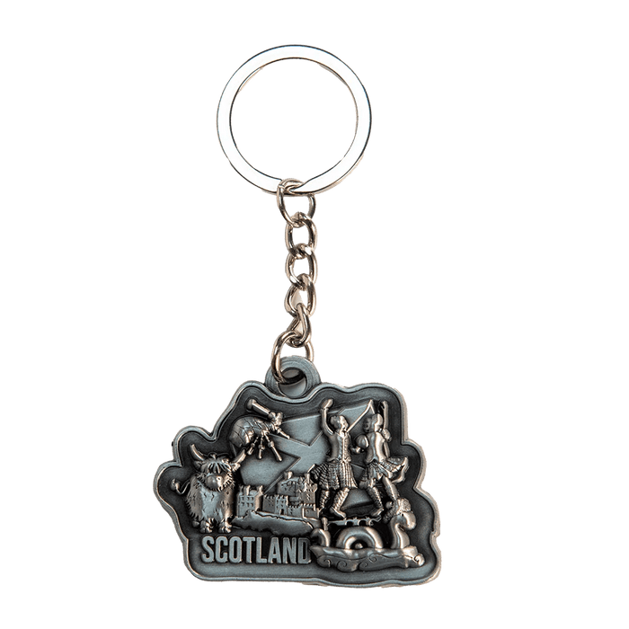 Brushed Metal Scottish Keyring – Nessie, Coo, Collage & More - Heritage Of Scotland - Scotland Dancers Collage
