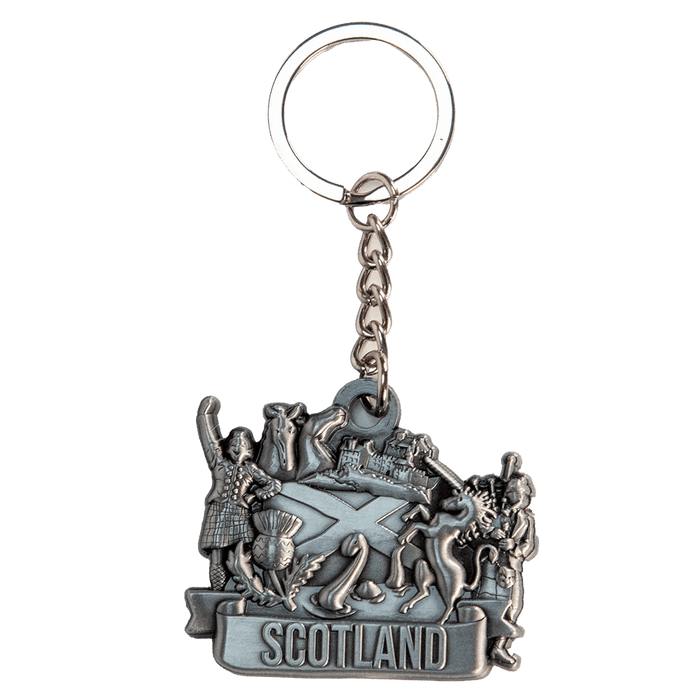 Brushed Metal Scottish Keyring – Nessie, Coo, Collage & More - Heritage Of Scotland - Scotland Piper Collage