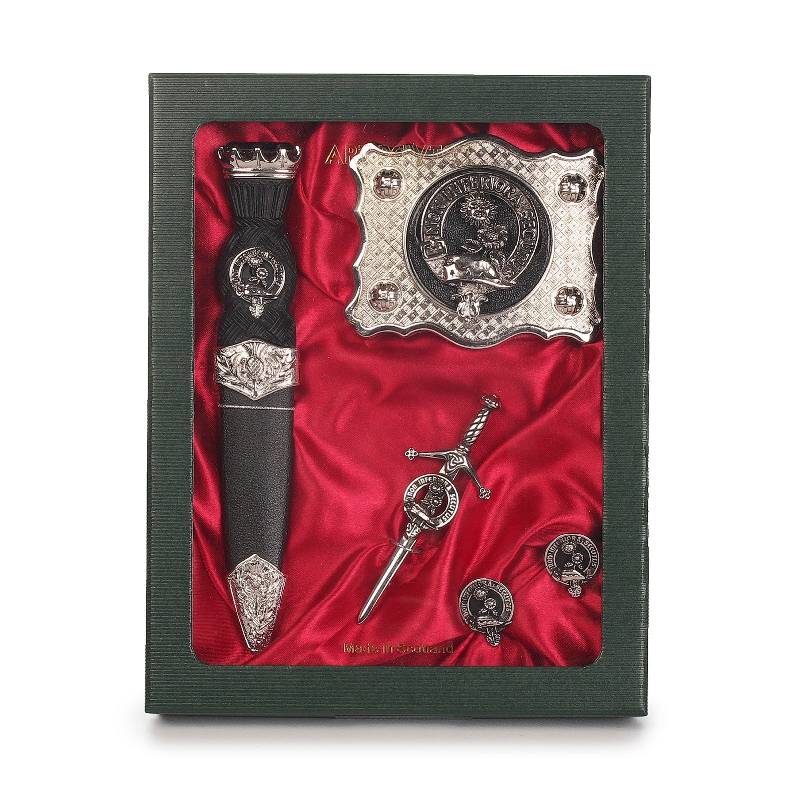 Buchan Clan Badge, Kilt Pin, Lapel Pin, Cufflinks, Keyring/Key Fob & Gift Set — Fine Pewter by Art Pewter — Made in Scotland (Shiny Finish) - Heritage Of Scotland - Gift Set
