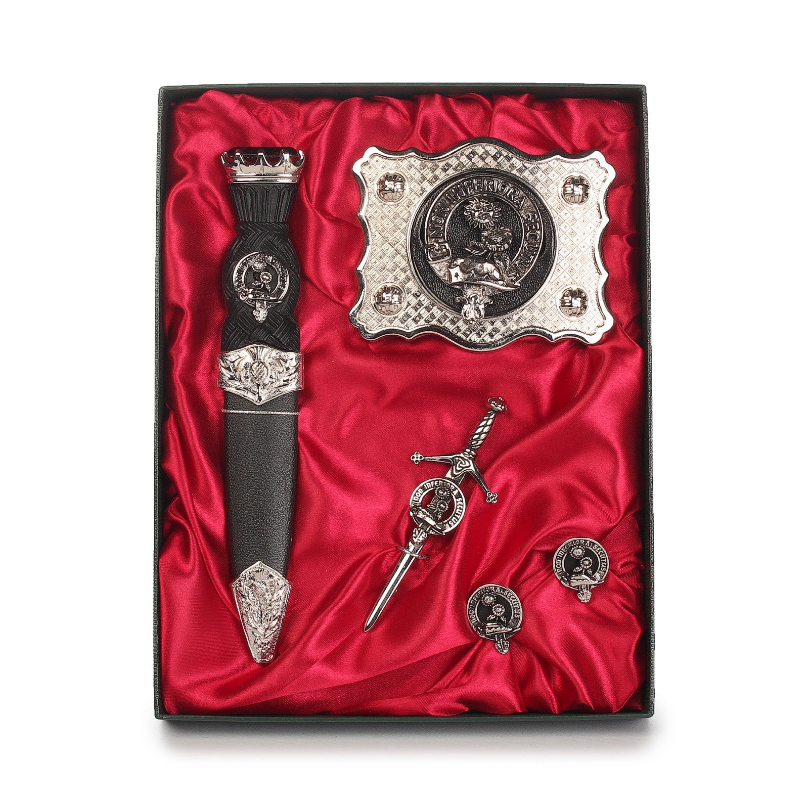 Buchan Clan Badge, Kilt Pin, Lapel Pin, Cufflinks, Keyring/Key Fob & Gift Set — Fine Pewter by Art Pewter — Made in Scotland (Shiny Finish) - Heritage Of Scotland - Gift Set
