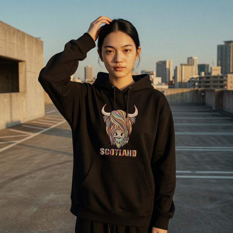 Adults Pastel Highland Cow Hooded Top Charcoal