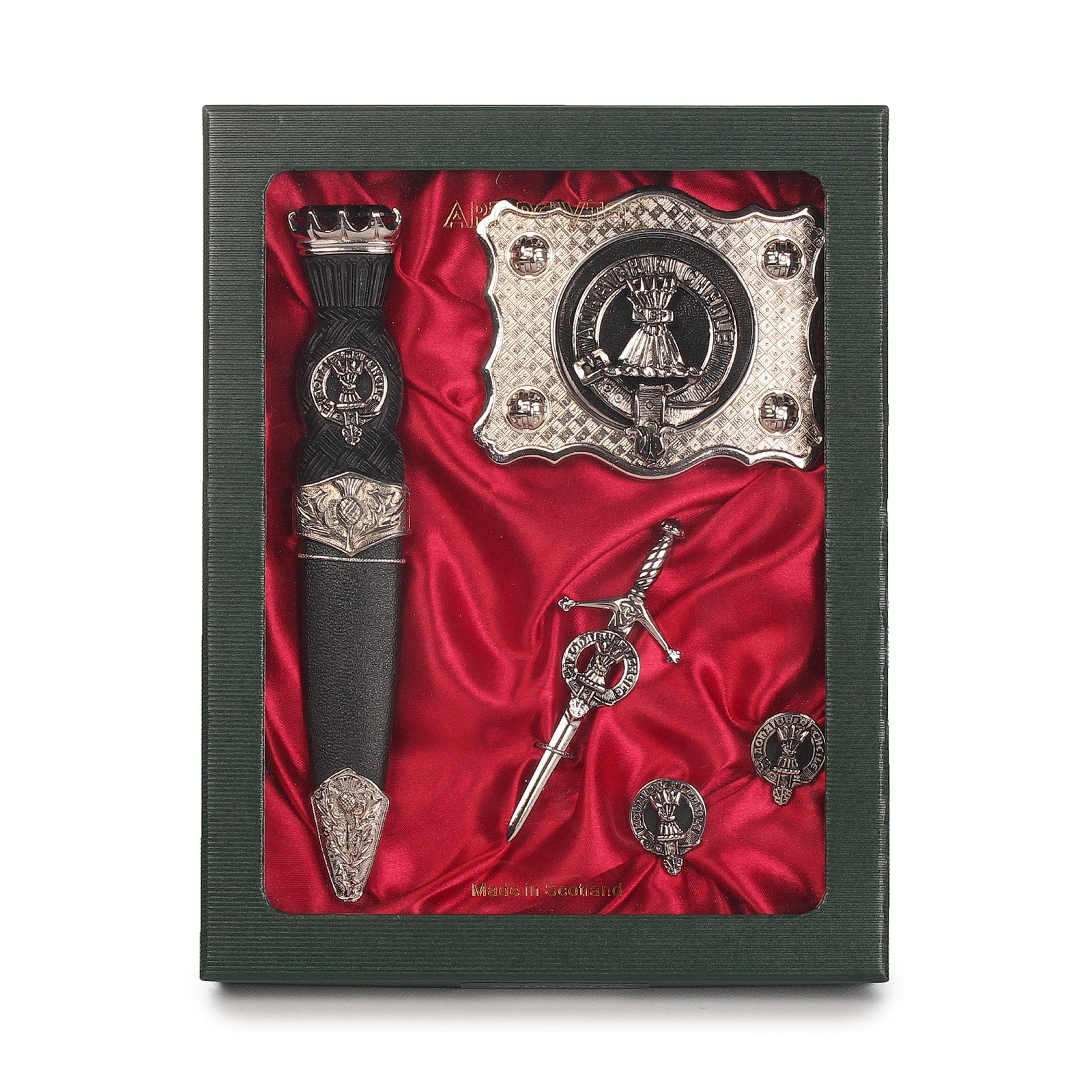 Cameron Clan Badge, Kilt Pin, Lapel Pin, Cufflinks, Keyring/Key Fob & Gift Set — Fine Pewter by Art Pewter — Made in Scotland (Shiny Finish) - Heritage Of Scotland - Gift Set