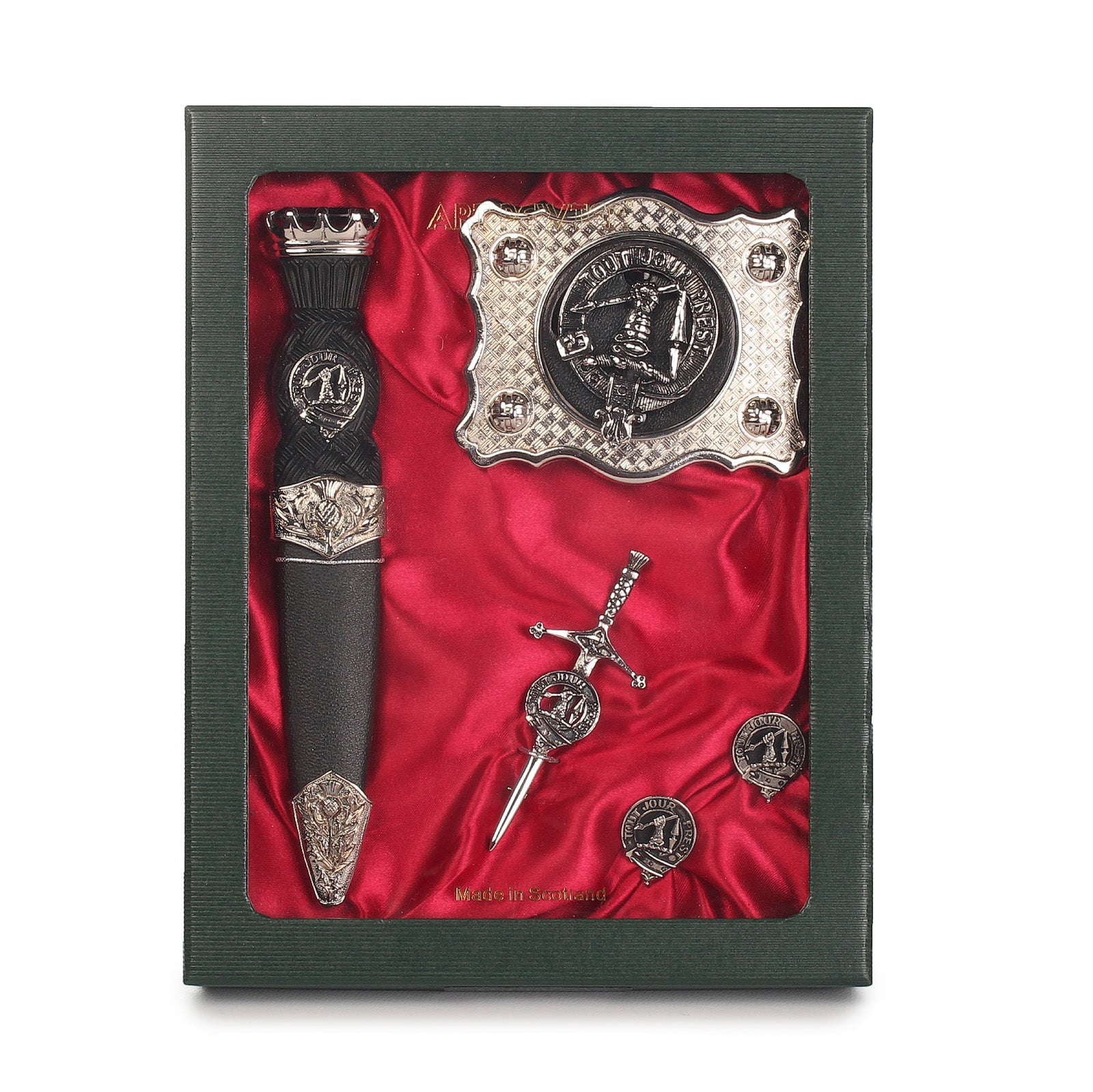 Carmichael Clan Badge, Kilt Pin, Lapel Pin, Cufflinks, Keyring/Key Fob & Gift Set — Fine Pewter by Art Pewter — Made in Scotland (Shiny Finish) - Heritage Of Scotland - Gift Set