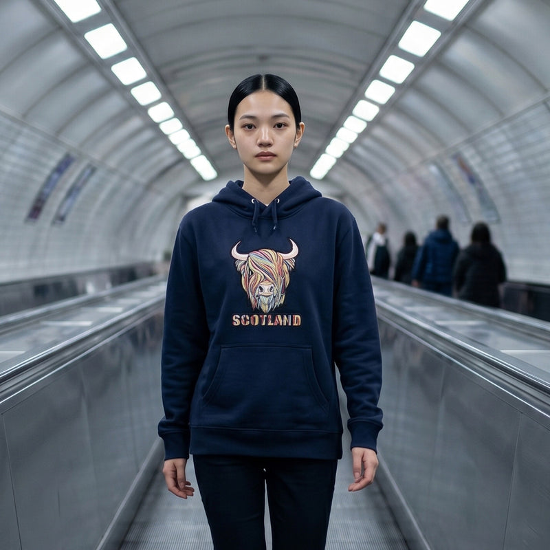 Scotland Pastel Highland Cow Hooded Top Navy