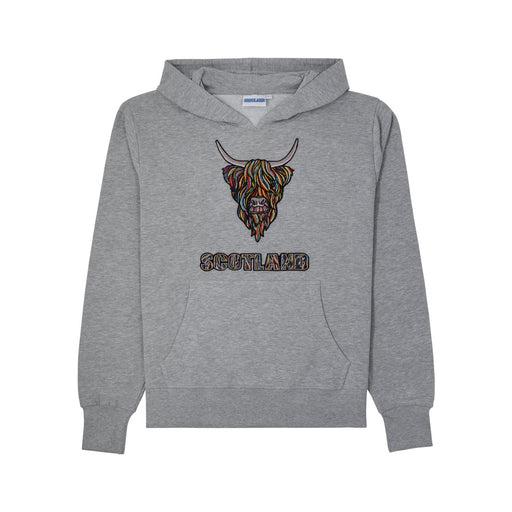 Colourful Highland Cow Embroidered Hood - Heritage Of Scotland - HEATHER/GREY