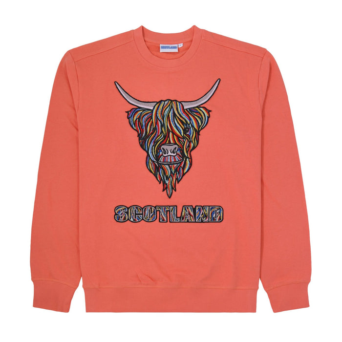 Colourful Highland Cow Embroidered Sweat - Heritage Of Scotland - PASTEL RED