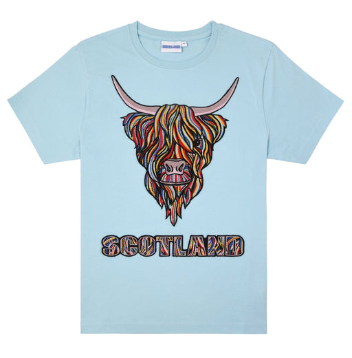 Colourful Highland Cow Embroidery Tshirt - Heritage Of Scotland - AQUA