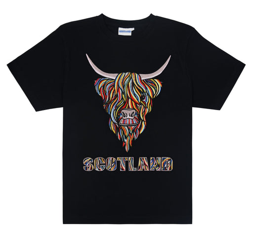 Colourful Highland Cow Embroidery Tshirt - Heritage Of Scotland - BLACK