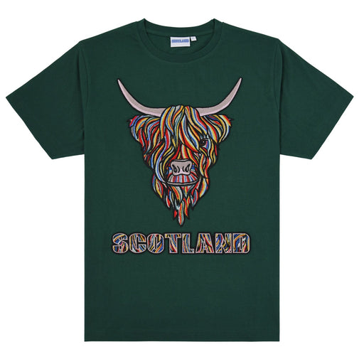 Colourful Highland Cow Embroidery Tshirt - Heritage Of Scotland - BOTTLE GREEN