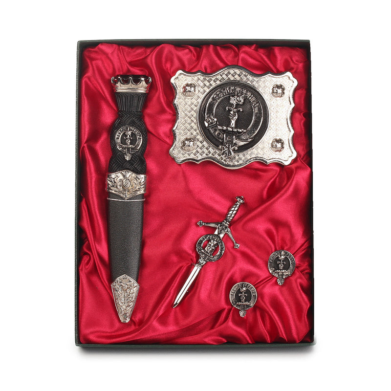 Colquhoun Clan Badge, Kilt Pin, Lapel Pin, Cufflinks, Keyring/Key Fob & Gift Set — Fine Pewter by Art Pewter — Made in Scotland (Shiny Finish) - Heritage Of Scotland - Gift Set