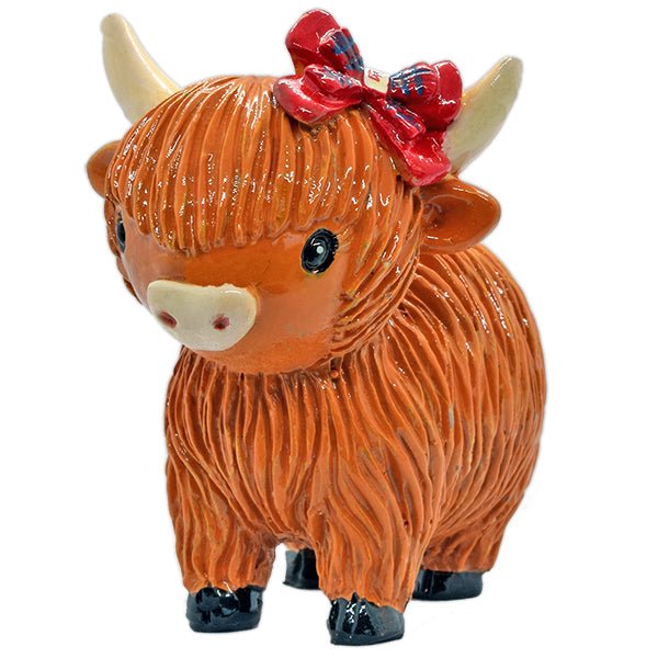 COOlectibles Highland Coo Figurines – Fun Scottish Cow Characters - Heritage Of Scotland - Coo with Tartan Ribbon