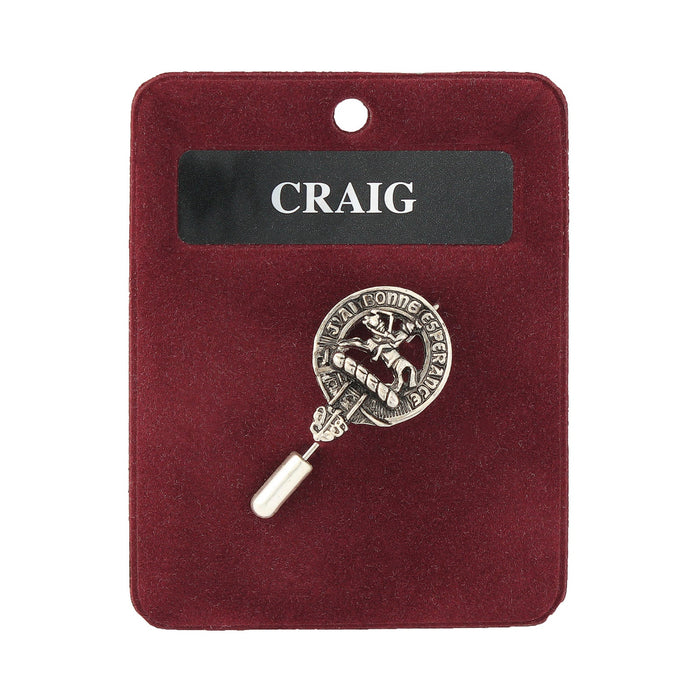 Craig Clan Badge, Kilt Pin, Lapel Pin, Cufflinks, Keyring/Key Fob & Gift Set — Fine Pewter by Art Pewter — Made in Scotland (Shiny Finish) - Heritage Of Scotland - Lapel Pin