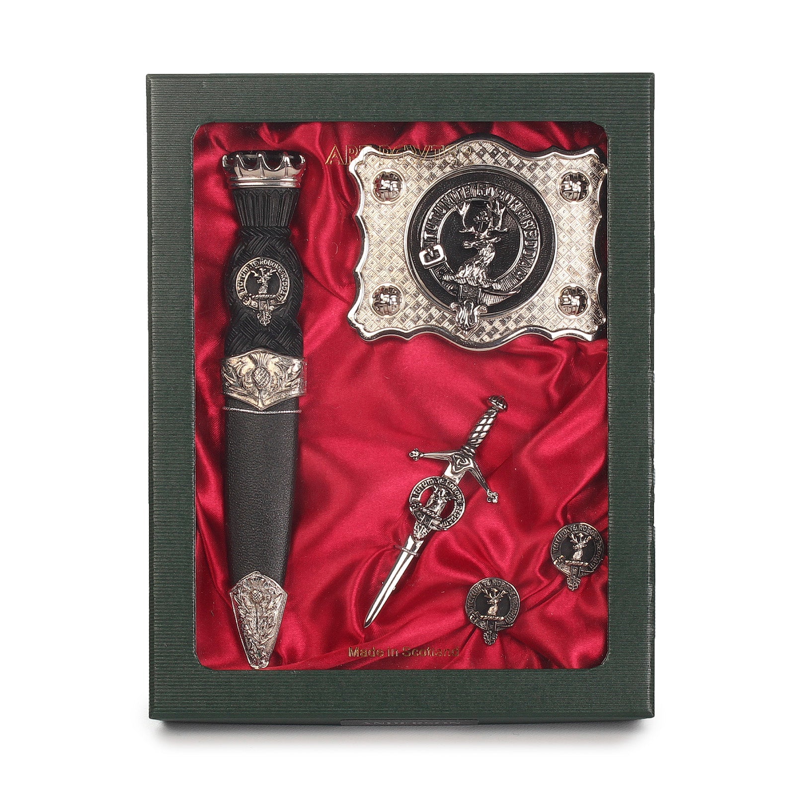 Crawford Clan Badge, Kilt Pin, Lapel Pin, Cufflinks, Keyring/Key Fob & Gift Set — Fine Pewter by Art Pewter — Made in Scotland (Shiny Finish) - Heritage Of Scotland - Gift Set