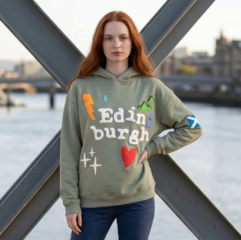Adults Edinburgh 3D Puff Print Hoodie – Dusty Green