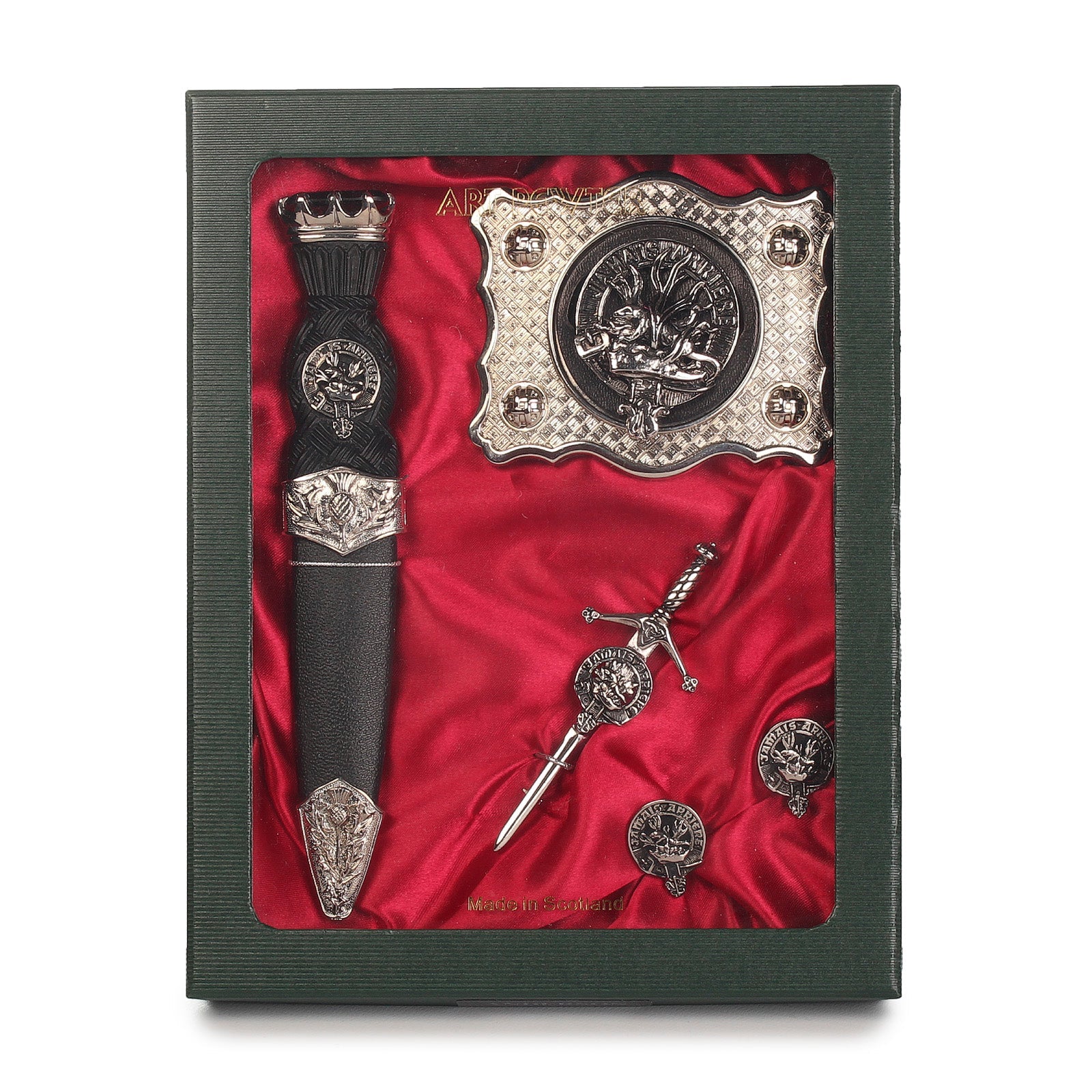 Douglas Clan Badge, Kilt Pin, Lapel Pin, Cufflinks, Keyring/Key Fob & Gift Set — Fine Pewter by Art Pewter — Made in Scotland (Shiny Finish) - Heritage Of Scotland - Gift Set