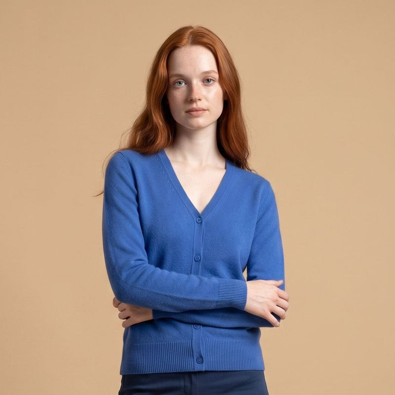 Dunedin Cashmere Woman's 100% Cashmere V Neck Cardigan - Cornflower - Heritage Of Scotland - XS