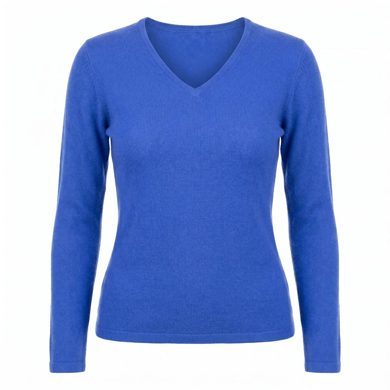 Dunedin Cashmere Women’s 100% Cashmere V - Neck Jumper – Cornflower - Heritage Of Scotland - XS