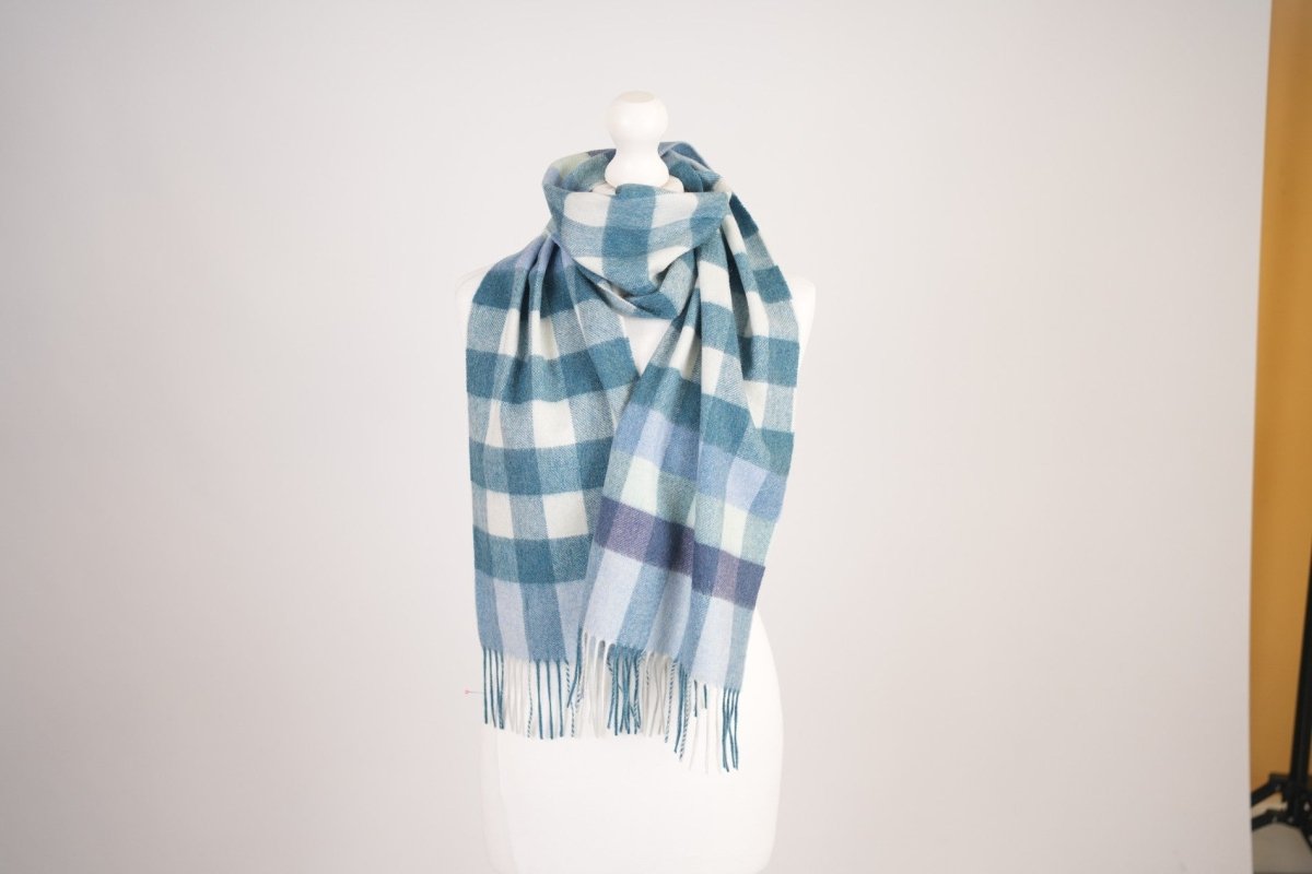 Edinburgh 100% Cashmere Scarf – Soft Warm Luxury Scarf - GIANT CHEQUER - PACIFIC WHITE - Heritage Of Scotland -