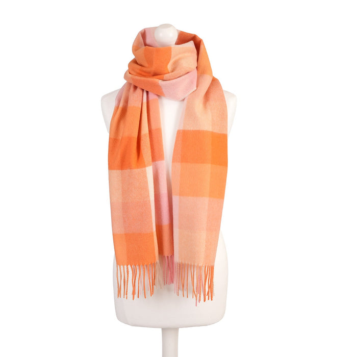 Edinburgh 100% Cashmere Wide Scarf - Heritage Of Scotland - 5 SQUARE TARTAN PINK/ORANGE
