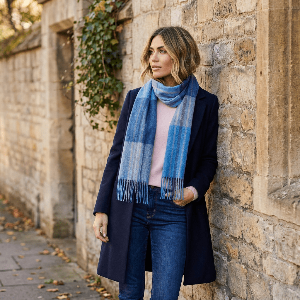 Edinburgh 100% Lambswool Scarf – Premium Soft Wool Wrap - Barcode Check - Aqua Blue - Heritage Of Scotland -