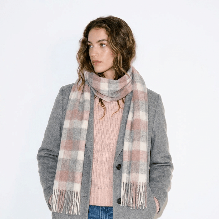 Edinburgh 100% Lambswool Scarf – Premium Soft Wool Wrap - Big Check Muted White and Pink - Heritage Of Scotland -