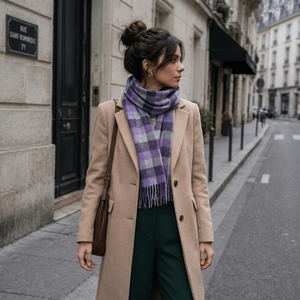 Edinburgh 100% Lambswool Scarf – Premium Soft Wool Wrap - Big Check Purple and Oyster - Heritage Of Scotland -