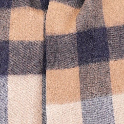 Edinburgh 100% Lambswool Scarf – Premium Soft Wool Wrap - Bursted Check Neutral and Navy - Heritage Of Scotland -