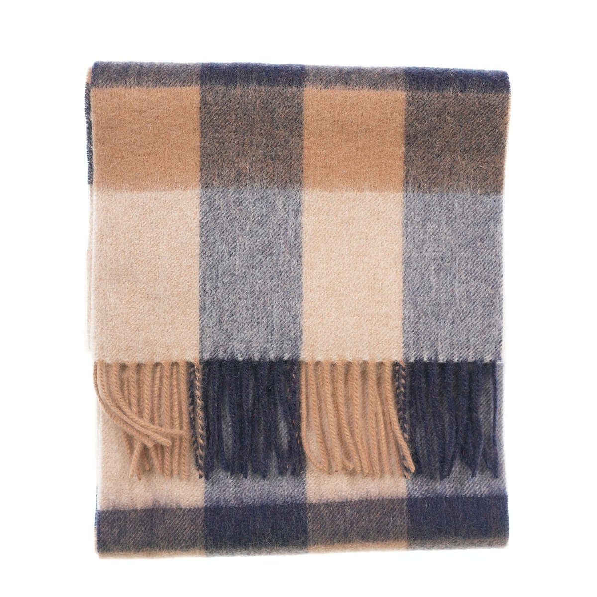 Edinburgh 100% Lambswool Scarf – Premium Soft Wool Wrap - Bursted Check Neutral and Navy - Heritage Of Scotland -