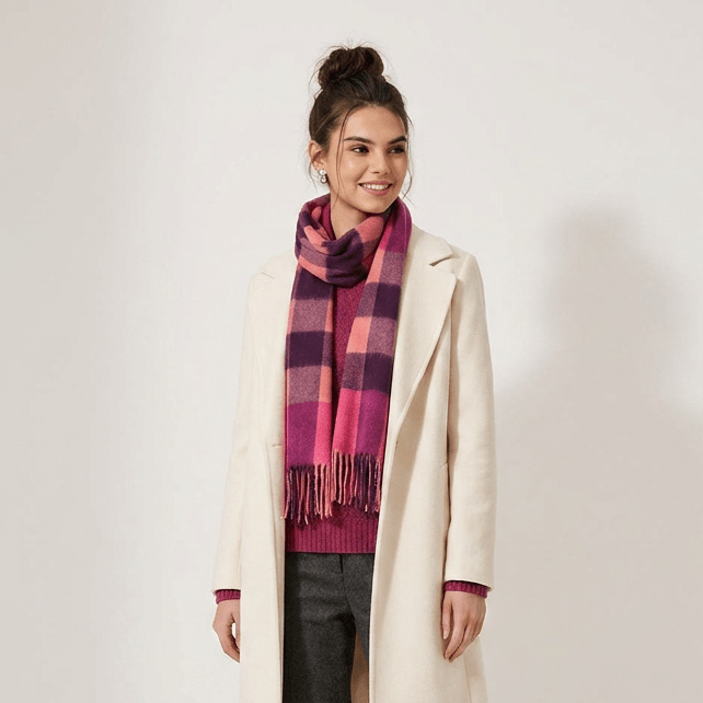 Edinburgh 100% Lambswool Scarf – Premium Soft Wool Wrap - Bursted Check Orange and Pink - Heritage Of Scotland -