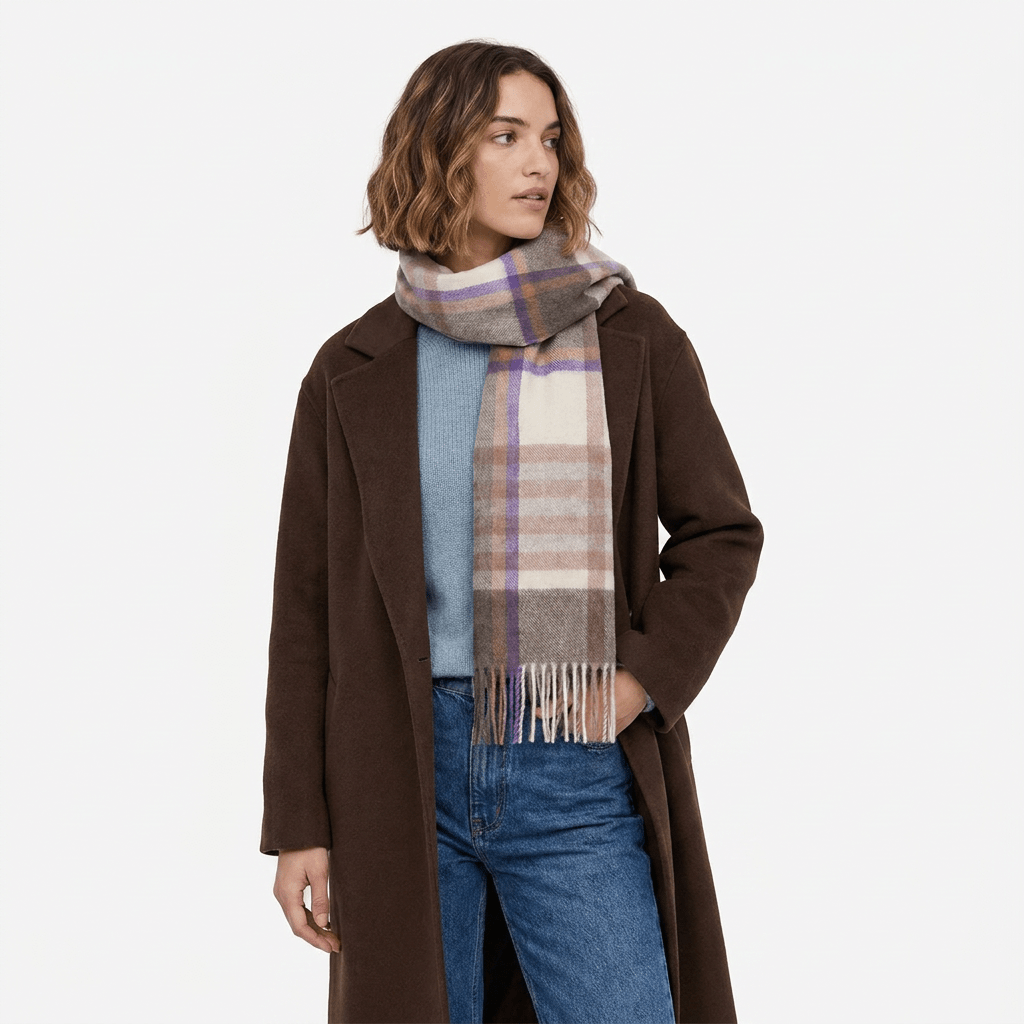 Edinburgh 100% Lambswool Scarf – Premium Soft Wool Wrap - Chequer Tartan Beige and Rose - Heritage Of Scotland -