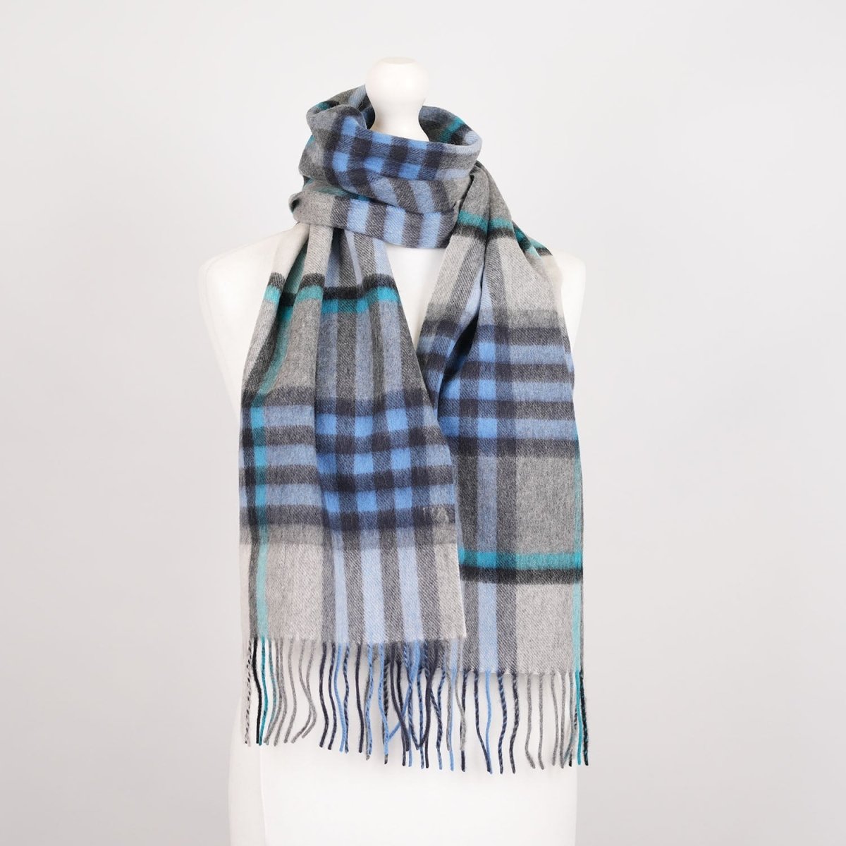 Edinburgh 100% Lambswool Scarf – Premium Soft Wool Wrap - Chequer Tartan Bright Blue and Grey - Heritage Of Scotland -