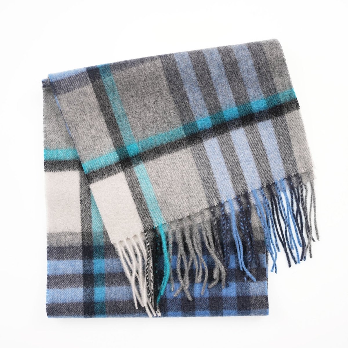 Edinburgh 100% Lambswool Scarf – Premium Soft Wool Wrap - Chequer Tartan Bright Blue and Grey - Heritage Of Scotland -