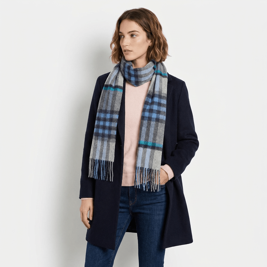 Edinburgh 100% Lambswool Scarf – Premium Soft Wool Wrap - Chequer Tartan Bright Blue and Grey - Heritage Of Scotland -