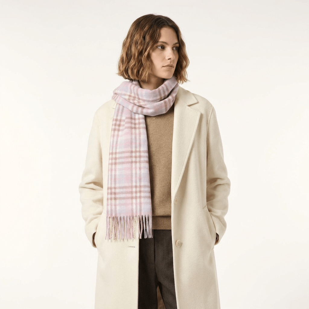 Edinburgh 100% Lambswool Scarf – Premium Soft Wool Wrap - Cluster Gingham Lilac and Pink, White - Heritage Of Scotland -
