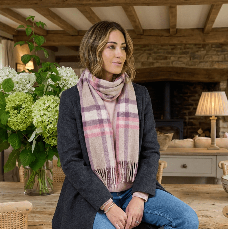 Edinburgh 100% Lambswool Scarf – Premium Soft Wool Wrap - Deco Check Peony - Heritage Of Scotland -