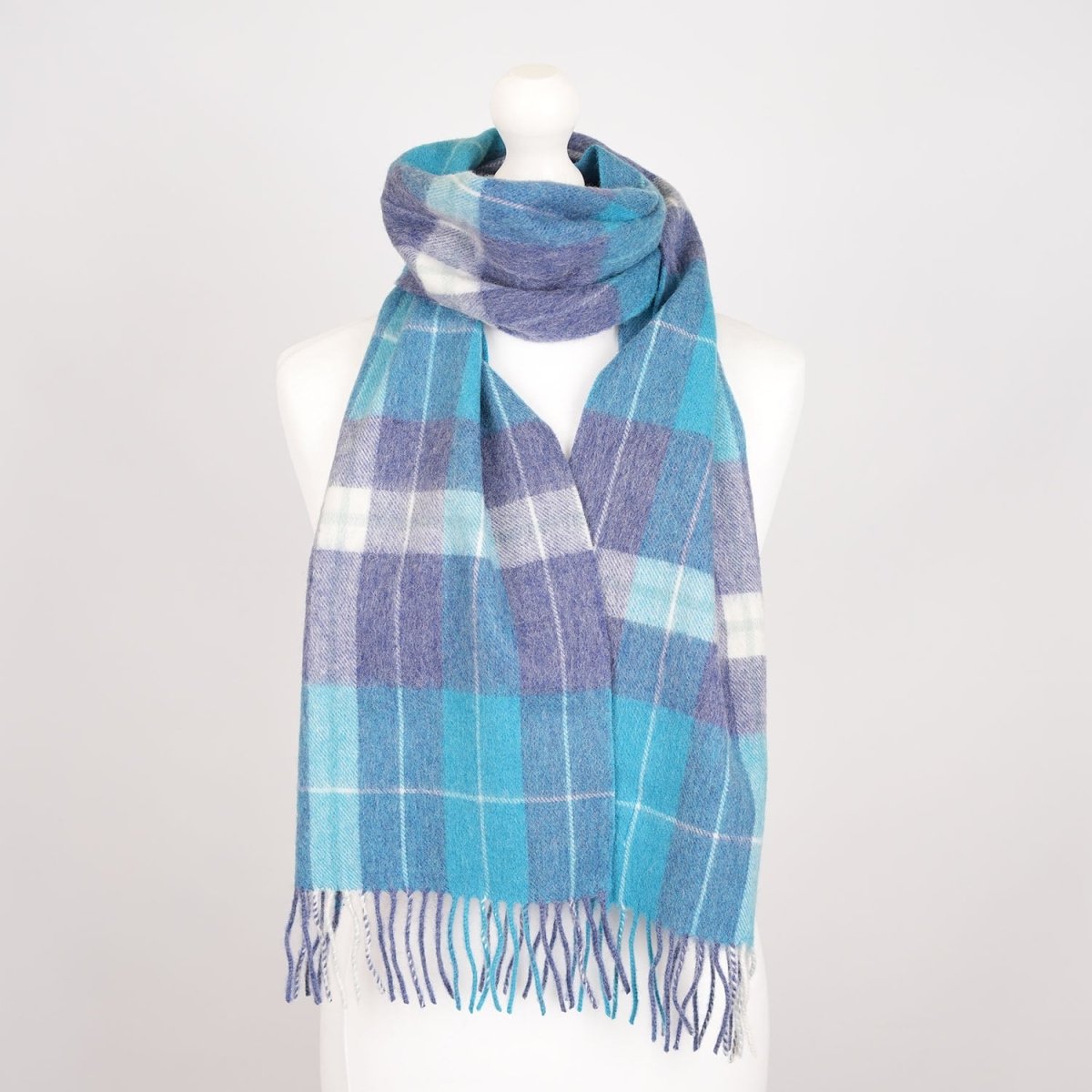 Edinburgh 100% Lambswool Scarf – Premium Soft Wool Wrap - Heivon Check - Denim - Aqua - Lazuli - Heritage Of Scotland -