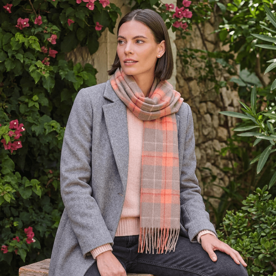 Edinburgh 100% Lambswool Scarf – Premium Soft Wool Wrap - Heivon Tattersall - Warm Taupe/Coral - Heritage Of Scotland -