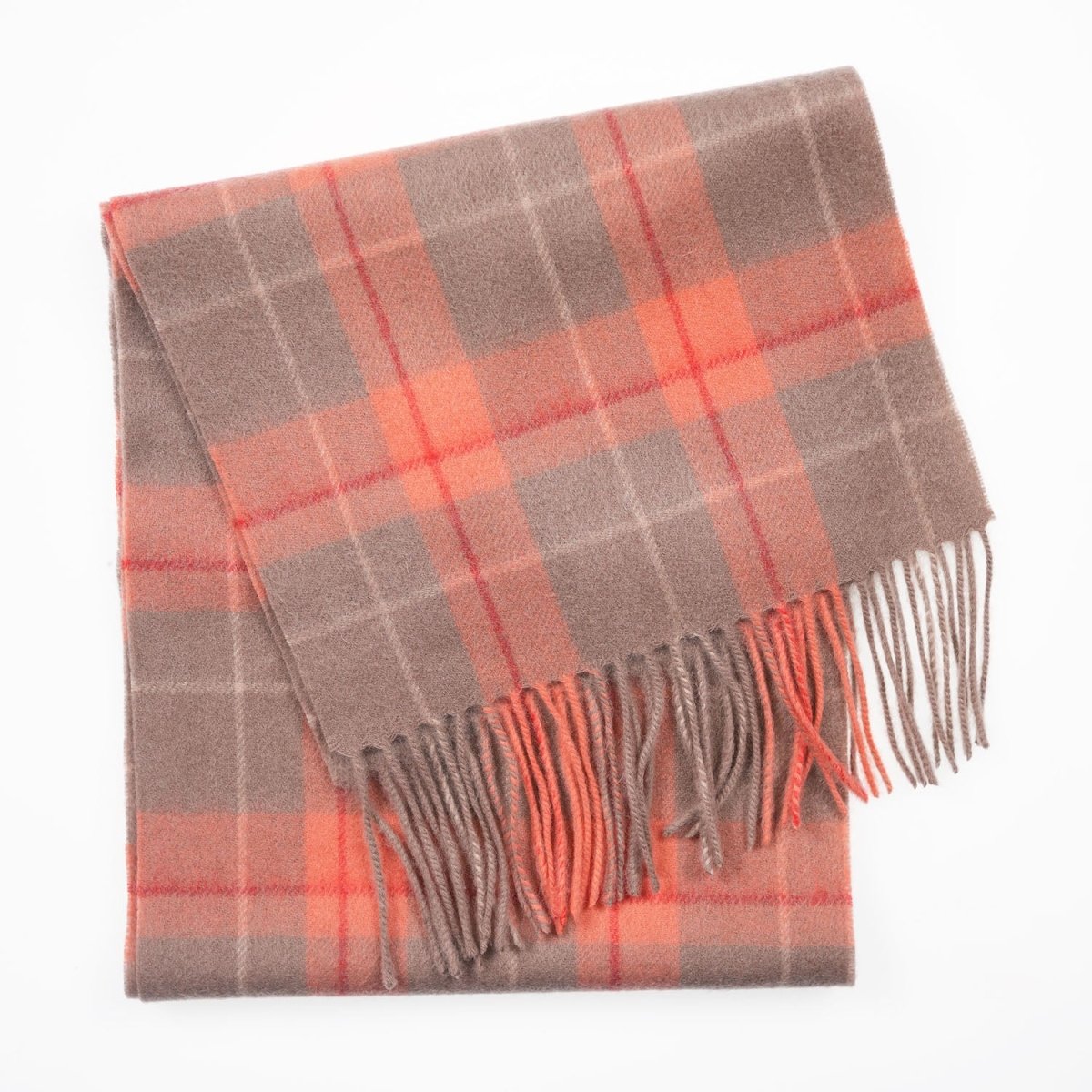Edinburgh 100% Lambswool Scarf – Premium Soft Wool Wrap - Heivon Tattersall - Warm Taupe/Coral - Heritage Of Scotland -
