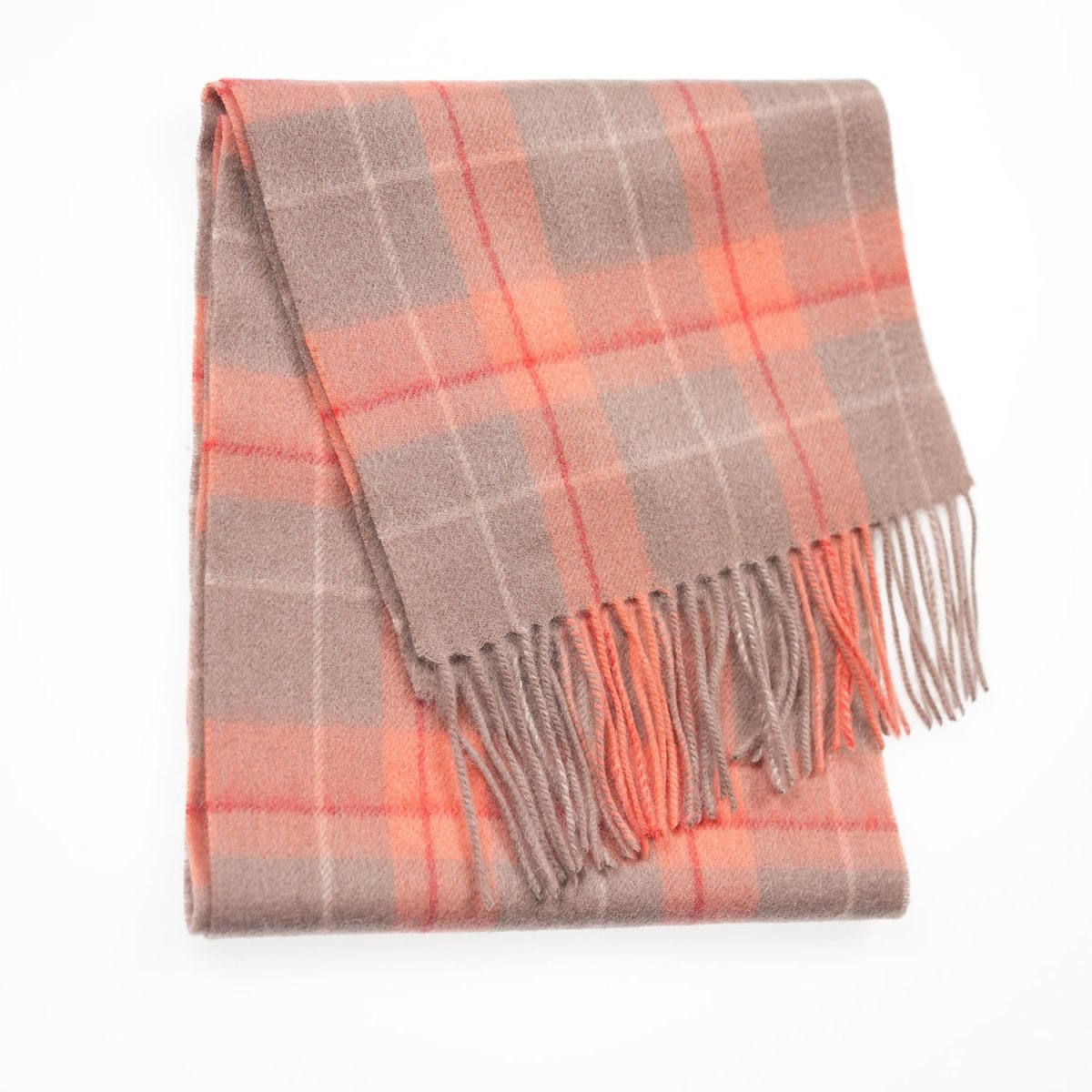 Edinburgh 100% Lambswool Scarf – Premium Soft Wool Wrap - Heivon Tattersall - Warm Taupe/Coral - Heritage Of Scotland -