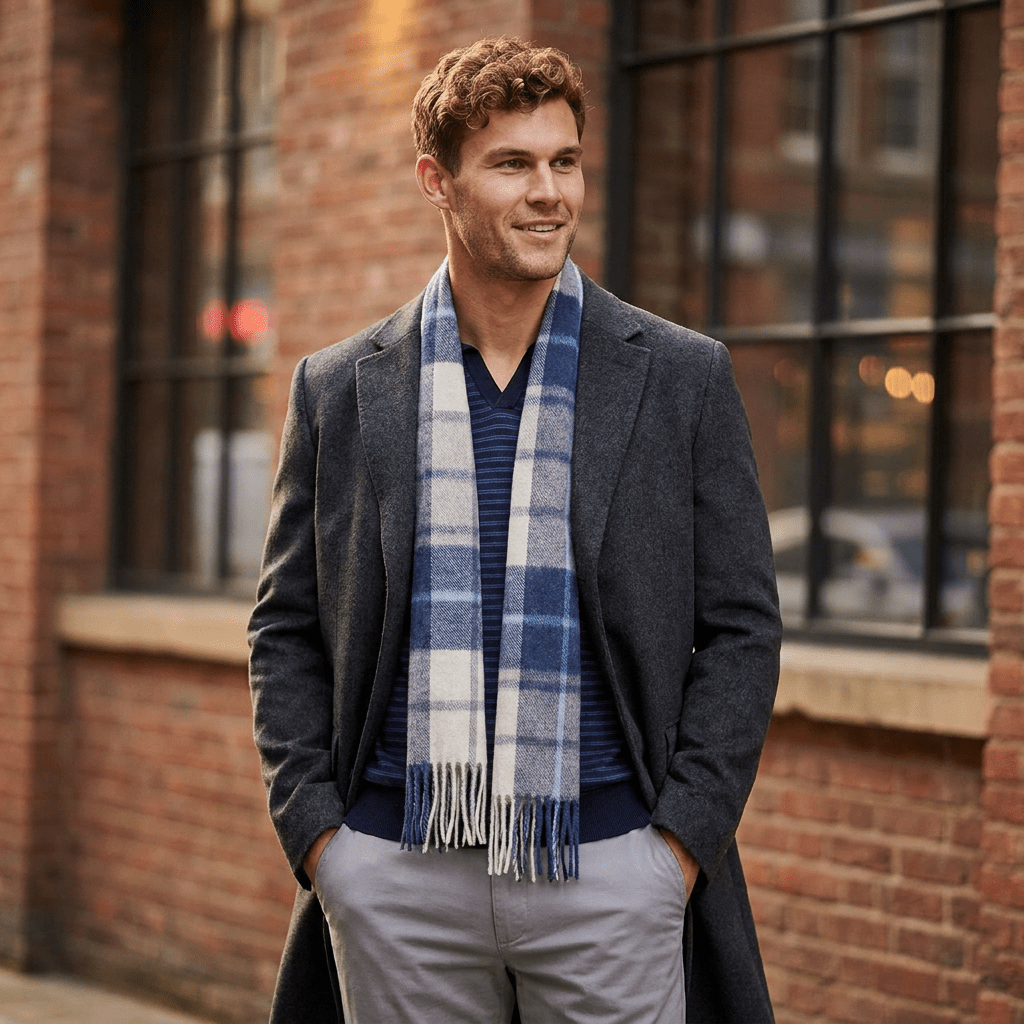 Edinburgh 100% Lambswool Scarf – Premium Soft Wool Wrap - Mill Check Navy - Heritage Of Scotland -