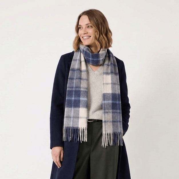 Edinburgh 100% Lambswool Scarf – Premium Soft Wool Wrap - Mill Check Navy - Heritage Of Scotland -