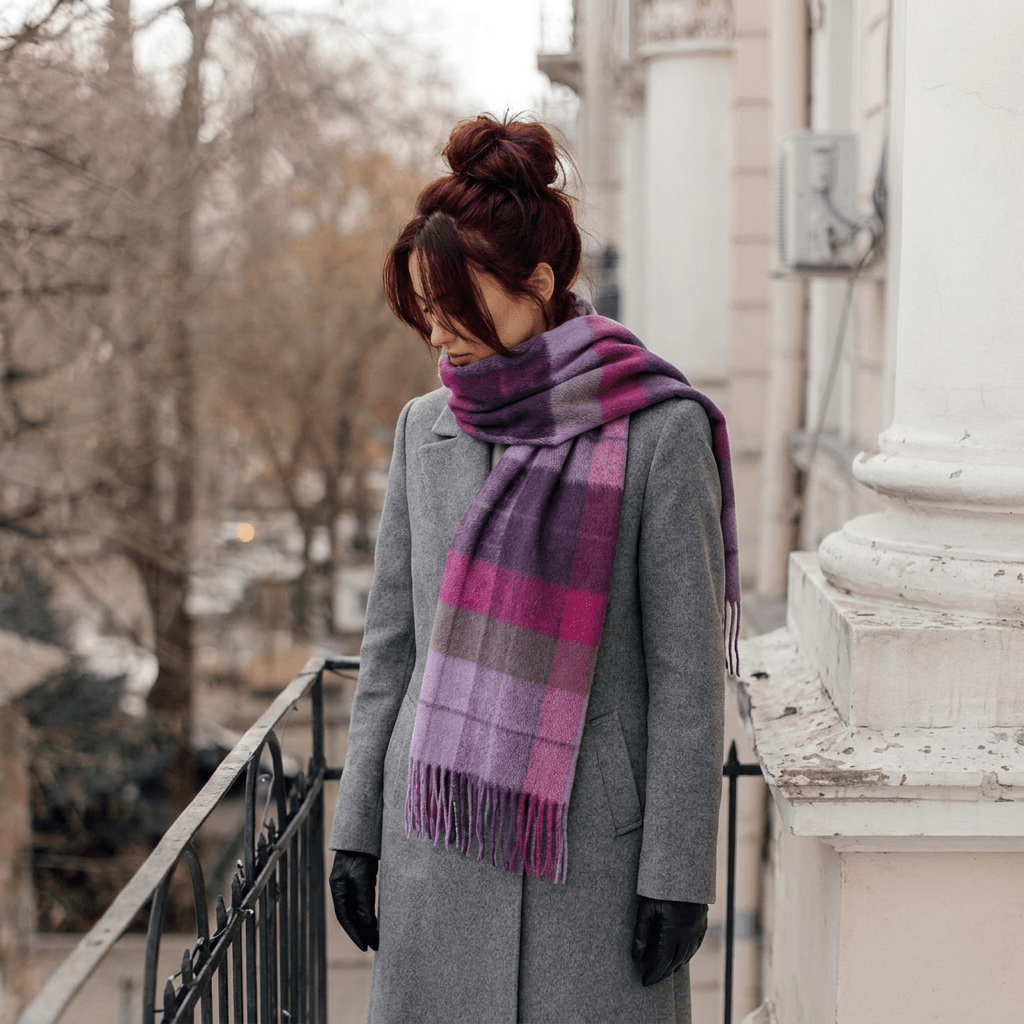 Edinburgh 100% Lambswool Scarf – Premium Soft Wool Wrap - Mixed Check - Heather/Pink - Heritage Of Scotland -